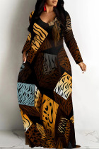 Deep Coffee Casual Plaid Geometric Flowers Print V Neck Long Sleeve Floor Length Fall Vacation Straight Loose Maxi Dress
