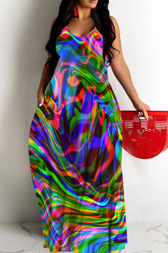 Colour Casual Figure Print Backless Spaghetti Strap Floor Length Vacation Baggy Sundress Slip Maxi Dress