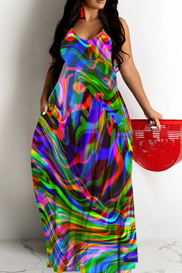 Colour Casual Figure Print Backless Spaghetti Strap Floor Length Vacation Baggy Sundress Slip Maxi Dress