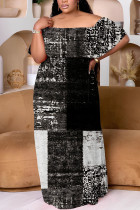 Black And White Casual Floral Print Off Shoulder Drap Sleeve Patchwork Floor Length Casual Outing Plus Size Vacation Loose Fit Straight Maxi Dress