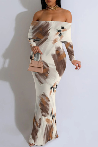 Beige Floral Print Off Shoulder Long Flutter Sleeve Mermaid Hem Vacation Boho Style Maxi Dresse