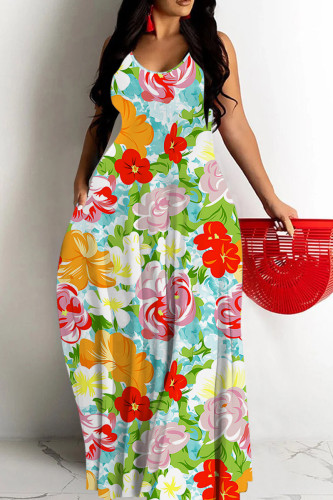 Multicolor Casual Graphics Print Backless Spaghetti Strap Floor Length Vacation Baggy Sundress Slip Maxi Dress