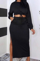 Black Casual O Neck Long Sleeve Crop Tops And Pocket High Slit Maxi Skirt Vacation Plus Size Two Pieces Dress Sets
