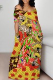 Green African Casual Floral Print Short Sleeve Off Shoulder Long Loose Vacation Maxi Dresses