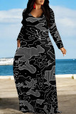 Red Casual Plaid Geometric Flowers Print V Neck Long Sleeve Floor Length Fall Vacation Straight Loose Maxi Dress