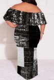 Black And White Casual Floral Print Off Shoulder Drap Sleeve Patchwork Floor Length Casual Outing Plus Size Vacation Loose Fit Straight Maxi Dress