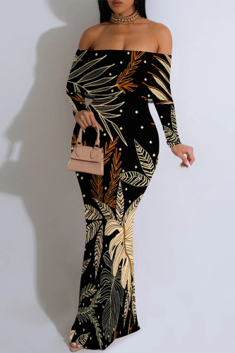 Black Floral Print Off Shoulder Long Flutter Sleeve Mermaid Hem Vacation Boho Style Maxi Dresse