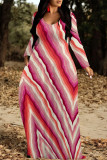 Red Casual Plaid Geometric Flowers Print V Neck Long Sleeve Floor Length Fall Vacation Straight Loose Maxi Dress