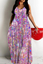 Pink Casual Figure Print Backless Spaghetti Strap Floor Length Vacation Baggy Sundress Slip Maxi Dress
