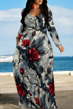 Red Casual Plaid Geometric Flowers Print V Neck Long Sleeve Floor Length Fall Vacation Straight Loose Maxi Dress