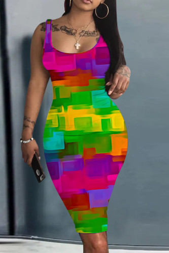 Colour Casual Graphics Print U Neck Sleeveless Vacation Bodycon Midi Tank Dress