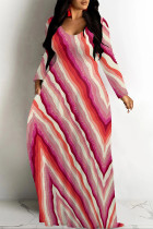 Red Casual Plaid Geometric Flowers Print V Neck Long Sleeve Floor Length Fall Vacation Straight Loose Maxi Dress