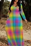 Red Casual Plaid Geometric Flowers Print V Neck Long Sleeve Floor Length Fall Vacation Straight Loose Maxi Dress