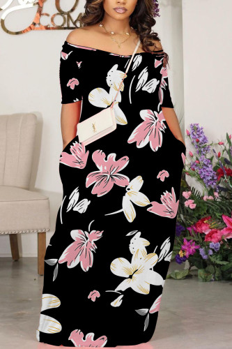 Black African Casual Floral Print Short Sleeve Off Shoulder Long Loose Vacation Maxi Dresses