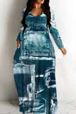 Navy Casual Graphcis Print V Neck Long Sleeve Long Loose Maxi Dresses