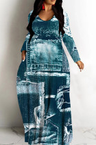 Navy Casual Graphcis Print V Neck Long Sleeve Long Loose Maxi Dresses