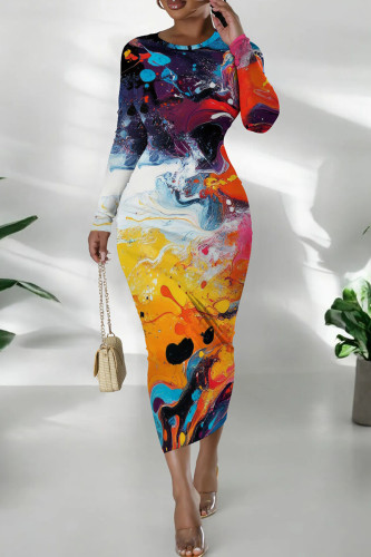White Orange Casual Tie Dye Print O Neck Long Sleeve Wrapped Skirt Bodycon Midi Dresses
