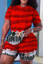 Red Casual Floral Print O Neck Short Sleeve Oversize T-shirt And Shorts Two Pieces Shorts Sets