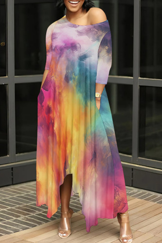 Multicolor Casual Tie Dye Print Oblique Collar Short Sleeve Irregular Hem Pocket Plus Size Maxi T-shirt Dresses