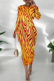 Sky Blue Casual Graphics Long Sleeve Print O Neck Wrapped Skirt Bodycon Midi Dresses
