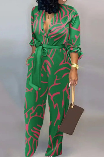 Green Casual Stripe Print Buckle Strap Design Turndown Collar Long Sleeve Vacation Jumpsuits