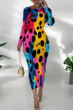 Sky Blue Casual Graphics Long Sleeve Print O Neck Wrapped Skirt Bodycon Midi Dresses
