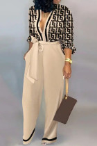 Cream White Casual Stripe Print Buckle Strap Design Turndown Collar Long Sleeve Vacation Jumpsuits