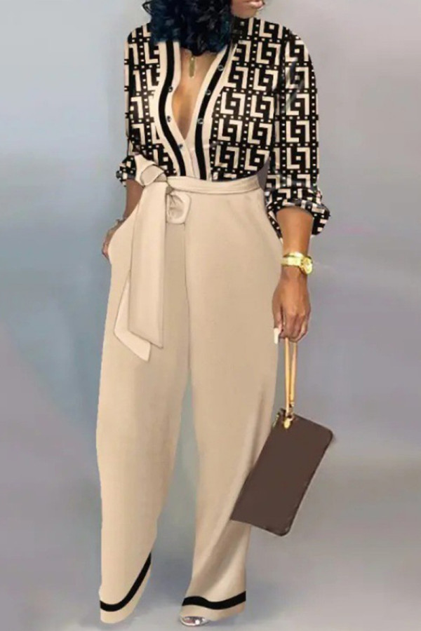 Cream White Casual Stripe Print Buckle Strap Design Turndown Collar Long Sleeve Vacation Jumpsuits