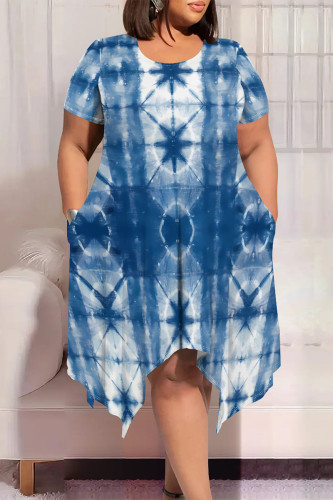 Baby Blue Casual Stars Tie Dye Stripe Print O Neck Short Sleeve Irregular Hem Plus Size Midi T-shirt Dresses