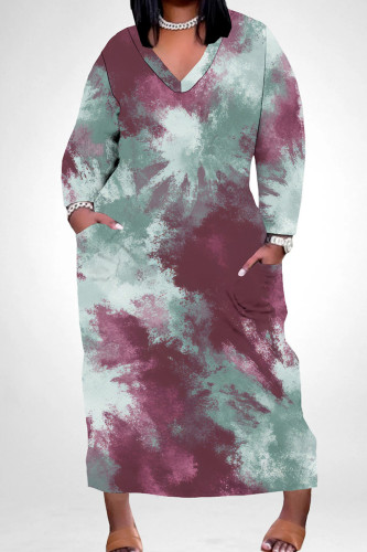 Green Casual Tie Dye Print V Neck Long Sleeve Pocket Casual Street Loose Straight Plus Size Maxi Dress