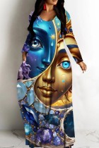 Blue Gold Casual Graphcis Print V Neck Long Sleeve Long Loose Maxi Dresses
