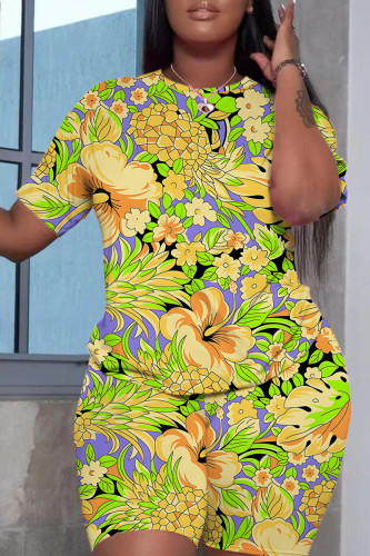 Purple Yellow Casual Floral Print O Neck Short Sleeve Oversize T-shirt And Shorts Two Pieces Shorts Sets