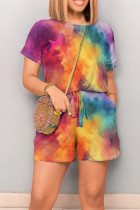Multicolor Casual Tie Dye Print k O Neck Short Sleeve Draw String Pocket Vacation Loose T Shirt Romper