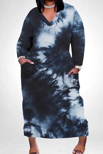 Black And White Casual Tie Dye Print V Neck Long Sleeve Pocket Casual Street Loose Straight Plus Size Maxi Dress