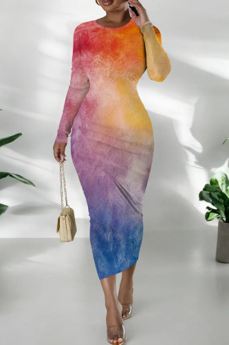Purple Orange Casual Tie Dye Print O Neck Long Sleeve Wrapped Skirt Bodycon Midi Dresses