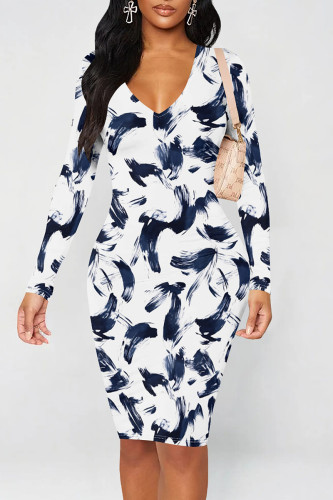 Tibetan Blue Casual Graphics Print V Neck Long Sleeve Wrapped Skirt Bodycon Midi Dresses