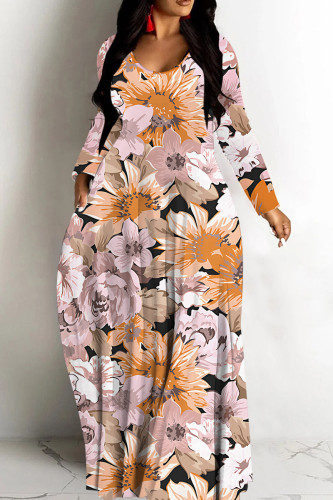 Pink Orange Casual Graphcis Print V Neck Long Sleeve Long Loose Maxi Dresses