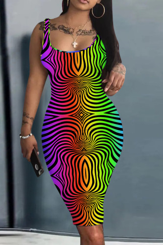 Multicolor Casual Floral Print Sleeveless U Neck Vest Bodycon Tank Midi Dresses