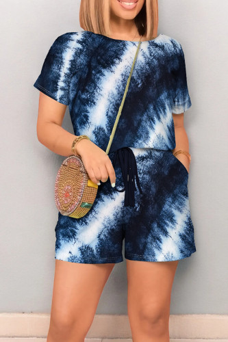 Dark Gray Casual Tie Dye Print k O Neck Short Sleeve Draw String Pocket Vacation Loose T Shirt Romper