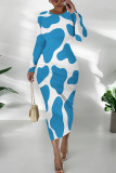 Sky Blue Casual Graphics Long Sleeve Print O Neck Wrapped Skirt Bodycon Midi Dresses