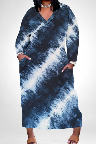 Dark Gray Casual Tie Dye Print V Neck Long Sleeve Pocket Casual Street Loose Straight Plus Size Maxi Dress