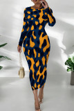 Sky Blue Casual Graphics Long Sleeve Print O Neck Wrapped Skirt Bodycon Midi Dresses
