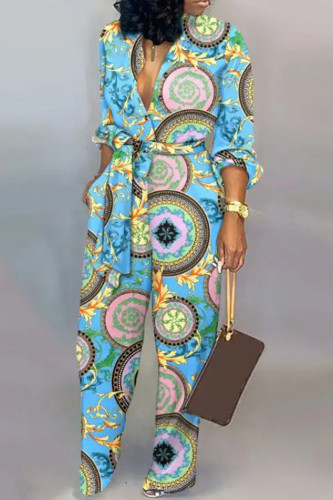 Sky Blue Casual Stripe Print Buckle Strap Design Turndown Collar Long Sleeve Vacation Jumpsuits