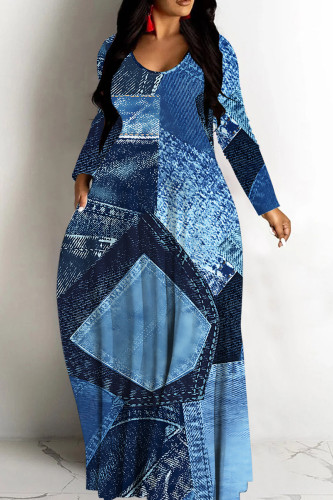 The cowboy blue Casual Graphcis Print V Neck Long Sleeve Long Loose Maxi Dresses
