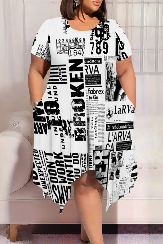 Black And White Casual Stars Tie Dye Stripe Print O Neck Short Sleeve Irregular Hem Plus Size Midi T-shirt Dresses