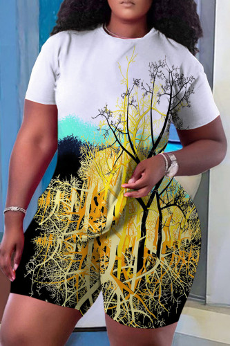 White Yellow Casual Floral Print O Neck Short Sleeve Oversize T-shirt And Shorts Two Pieces Shorts Sets