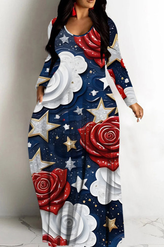 Dark Blue Casual Graphcis Print V Neck Long Sleeve Long Loose Maxi Dresses