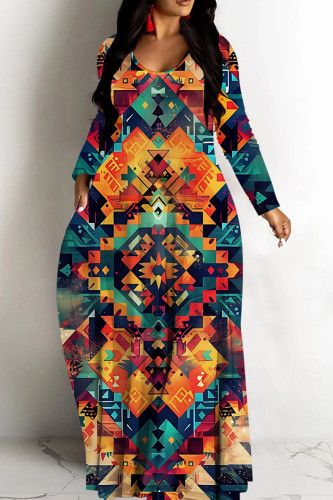 Blue Orange Casual Graphcis Print V Neck Long Sleeve Long Loose Maxi Dresses