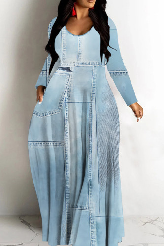 Light Blue Casual Graphcis Print V Neck Long Sleeve Long Loose Maxi Dresses