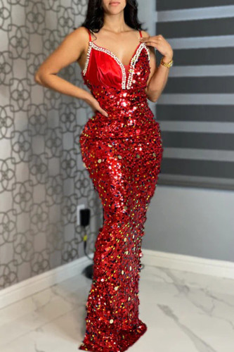 Red Sequins Pearls Decor Sleeveless Spaghetti Strap Formal Evening Party Maxi Slip Dresses